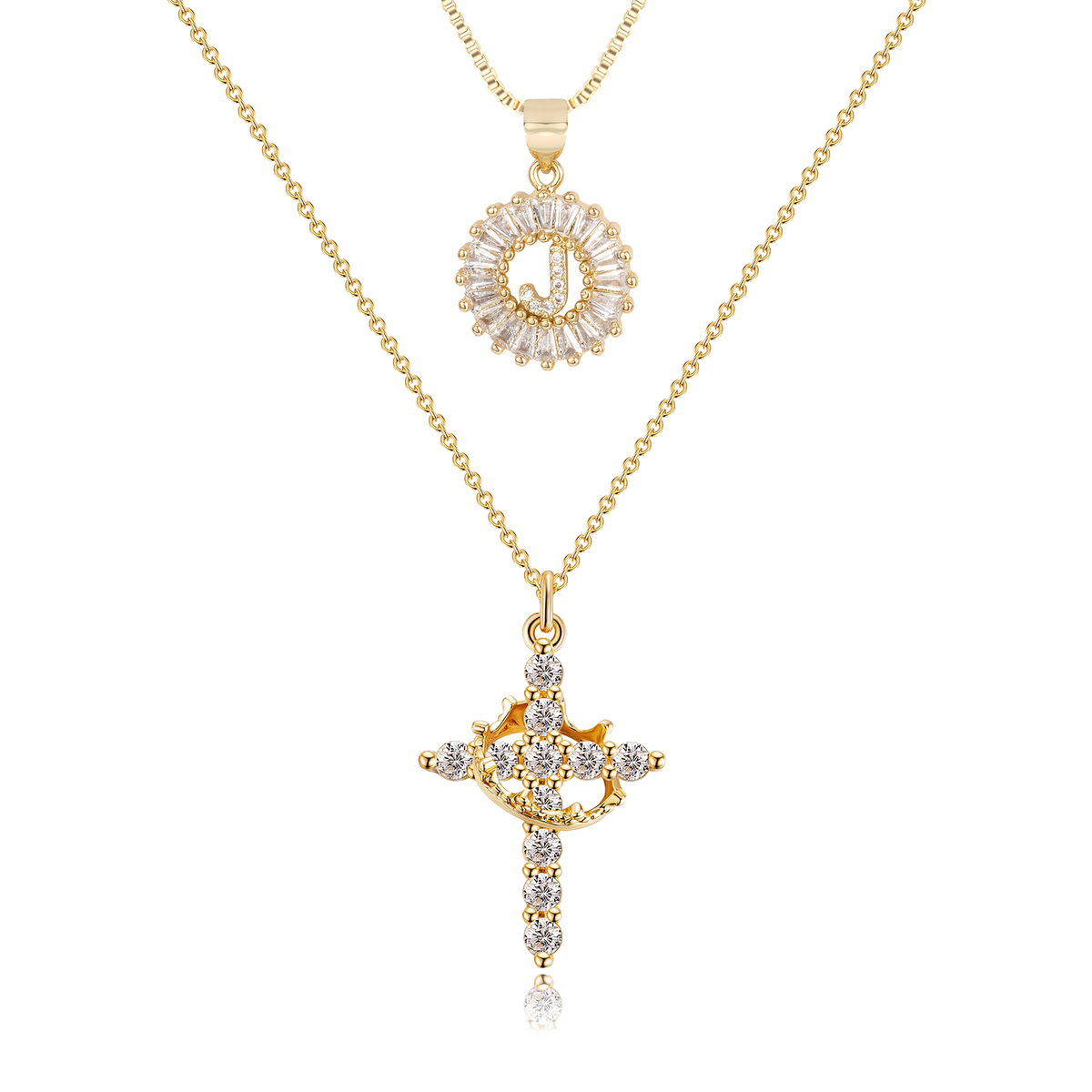 2pc 14k Diamond Cross Crown & Initial Necklace Set