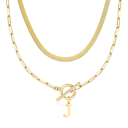 2pc Paperclip Initial Toggle Clasp & Herringbone Necklace Set