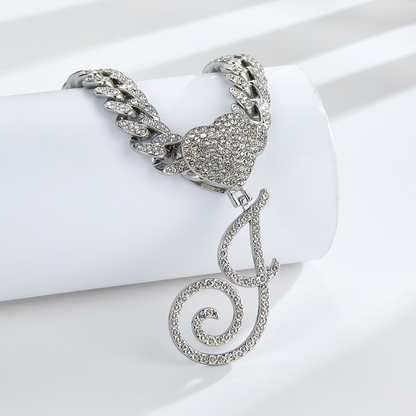 Cursive Diamond Accented Initial Cuban Heart Necklace
