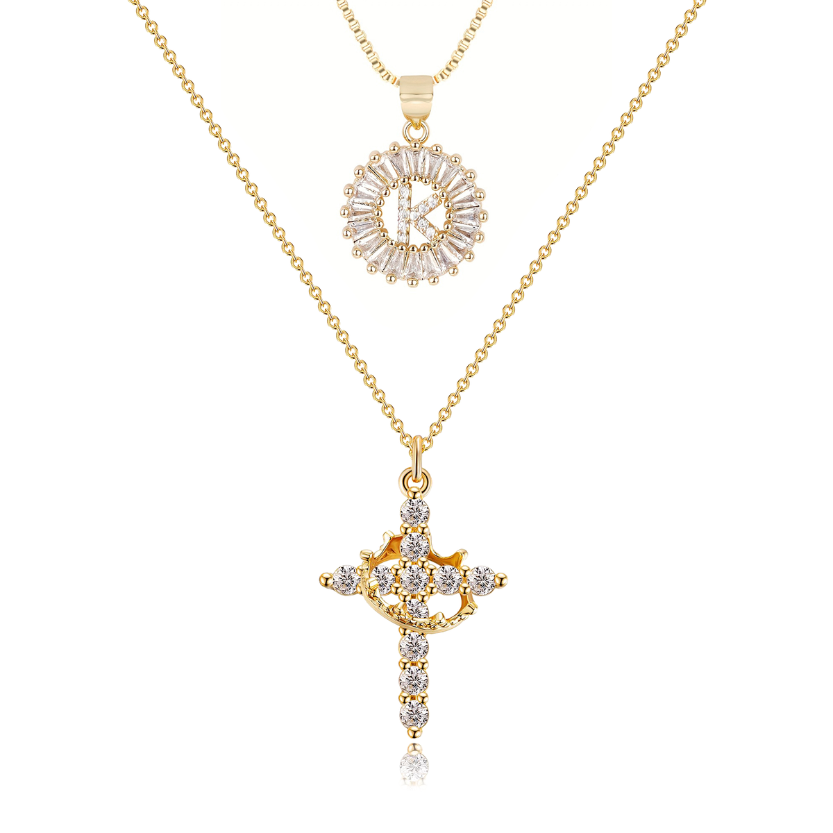 2pc 14k Diamond Cross Crown & Initial Necklace Set