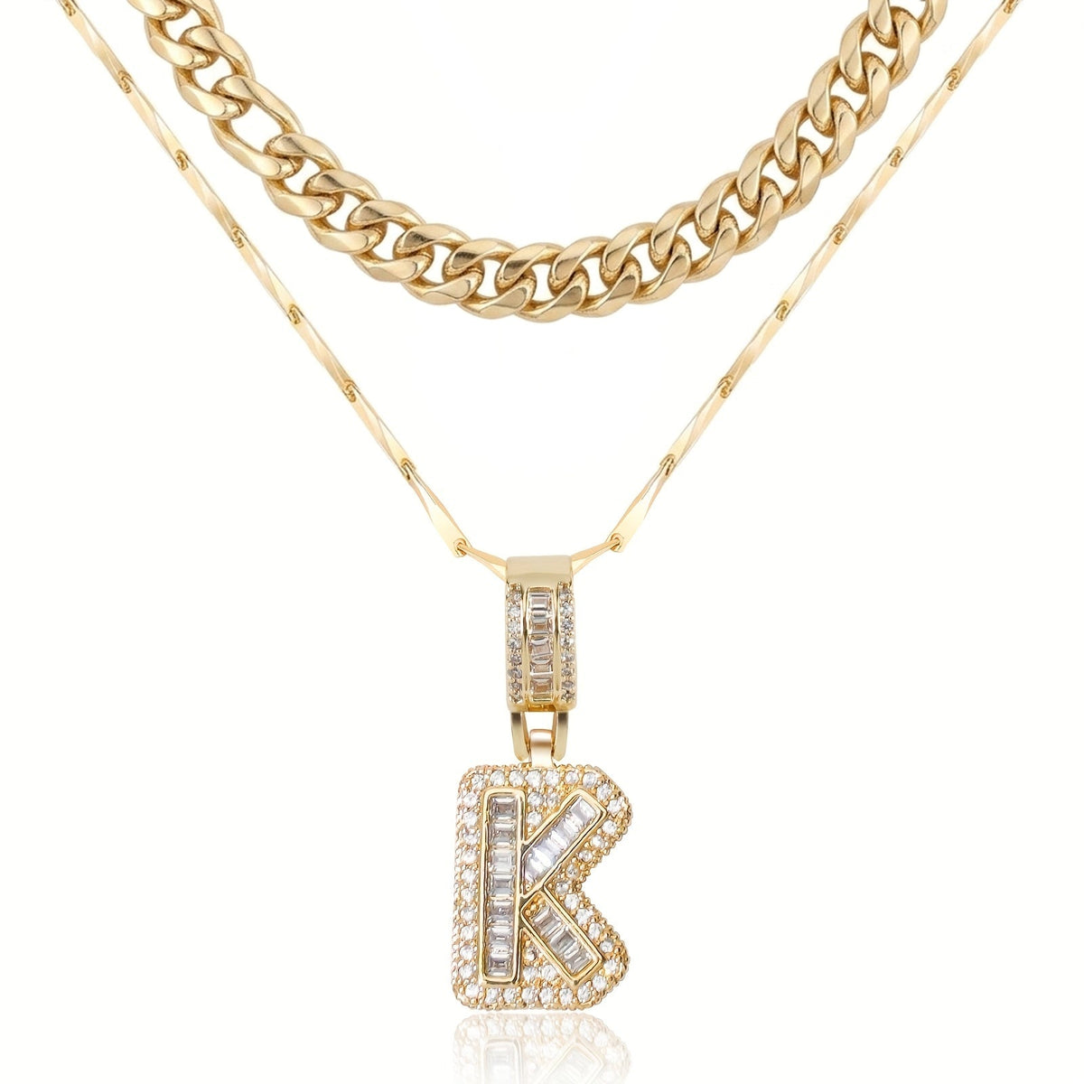 2pc 14k Layered Cuban & Initial Necklaces