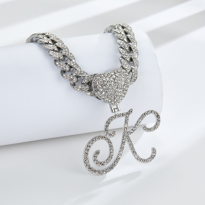 Cursive Diamond Accented Initial Cuban Heart Necklace