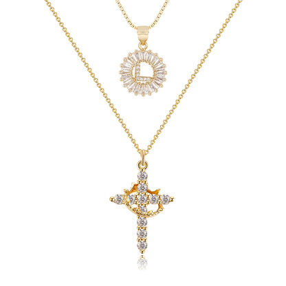 2pc 14k Diamond Cross Crown & Initial Necklace Set