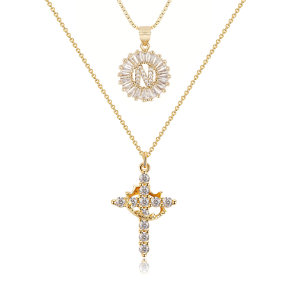 2pc 14k Diamond Cross Crown & Initial Necklace Set