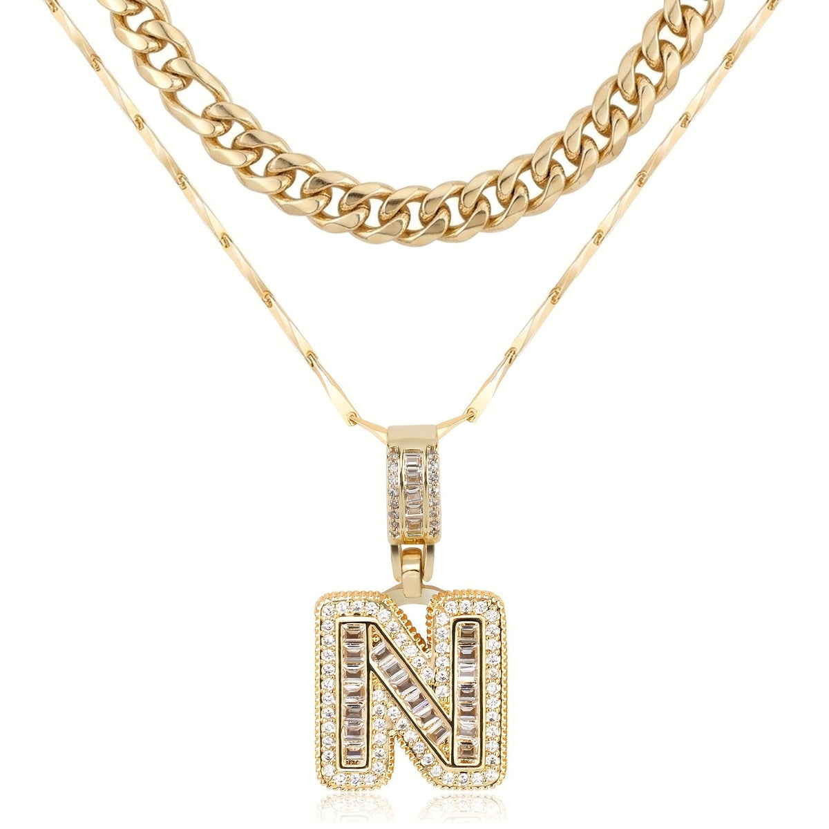 2pc 14k Layered Cuban & Initial Necklaces