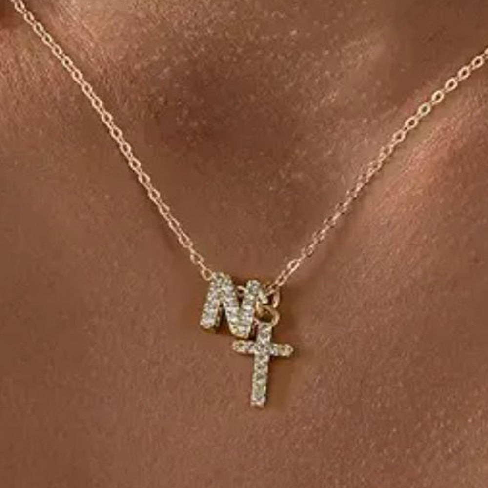 Dainty Diamond Initial & Cross Necklace