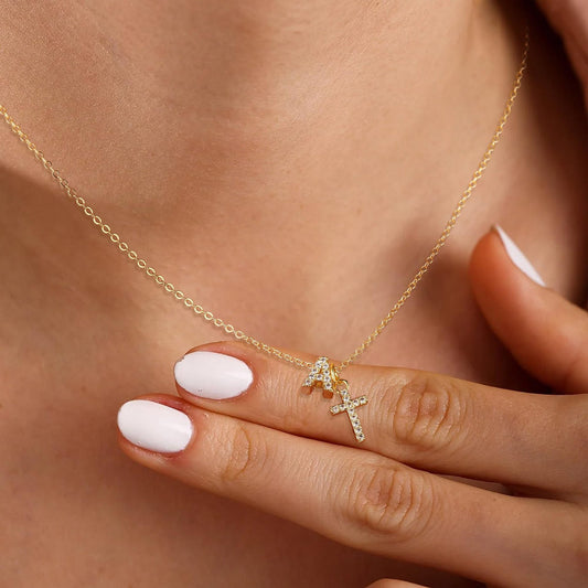 Dainty Diamond Initial & Cross Necklace