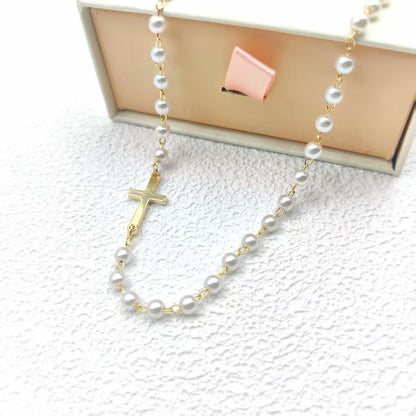 Dainty Faux Pearl Cross Station Choker Necklace