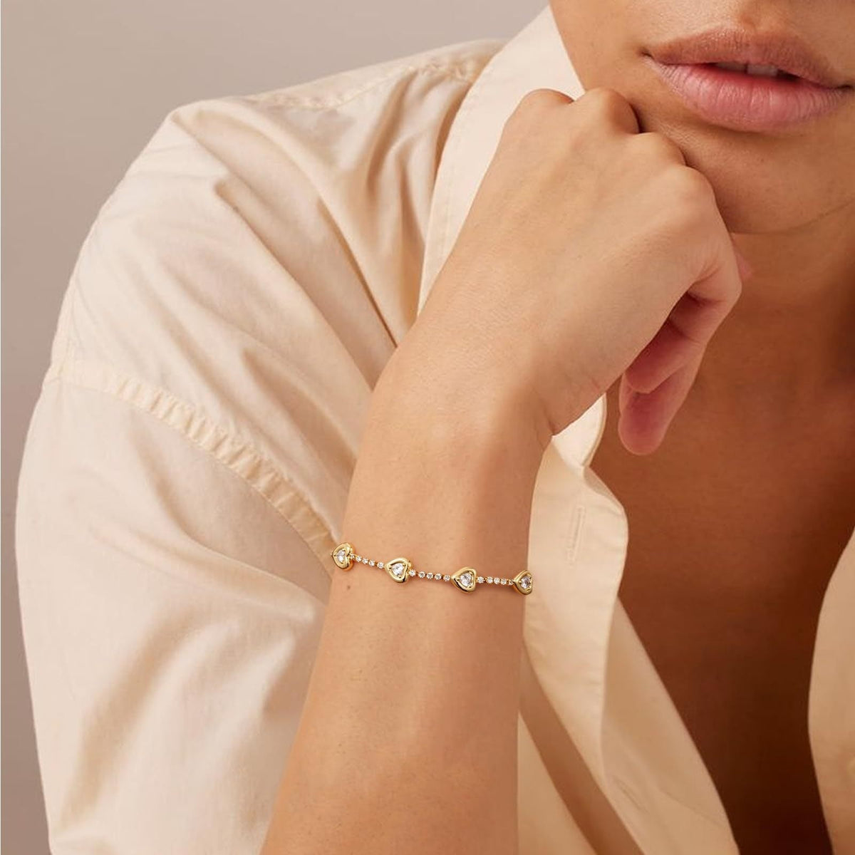 14k Dainty Heart and Oval Accented Tennis Bracelet