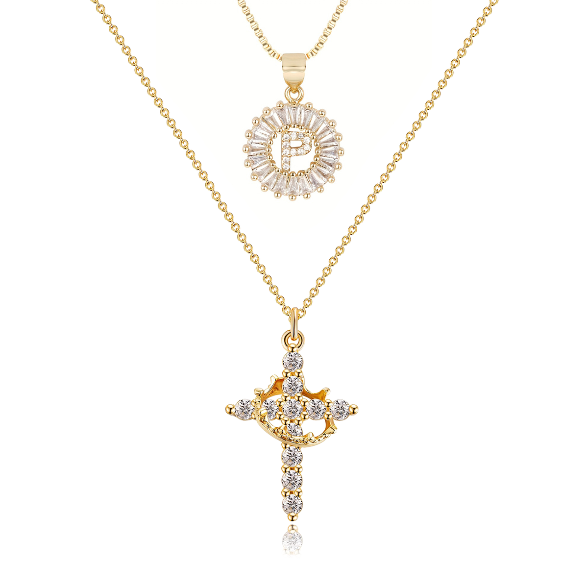 2pc 14k Diamond Cross Crown & Initial Necklace Set