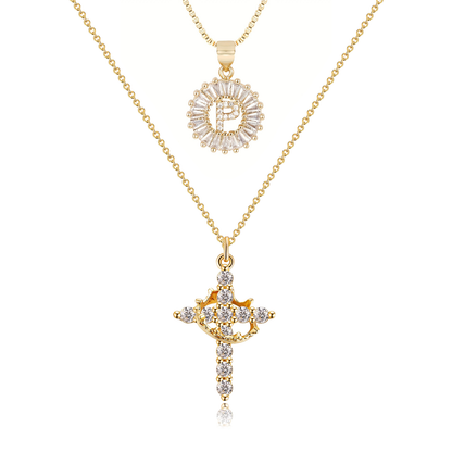2pc 14k Diamond Cross Crown & Initial Necklace Set
