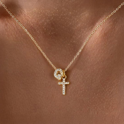 Dainty Diamond Initial & Cross Necklace