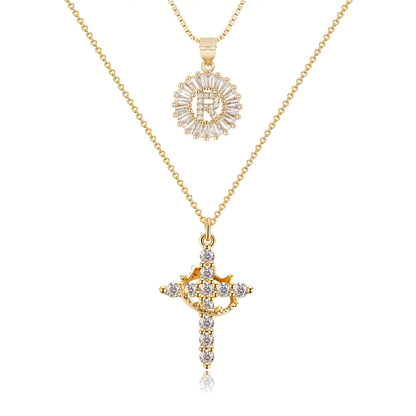 2pc 14k Diamond Cross Crown & Initial Necklace Set