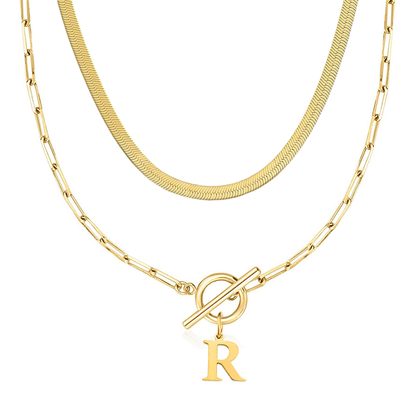 2pc Paperclip Initial Toggle Clasp & Herringbone Necklace Set