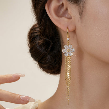 14k Crystal Floral Tassel Earrings