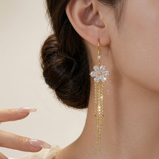 14k Crystal Floral Tassel Earrings