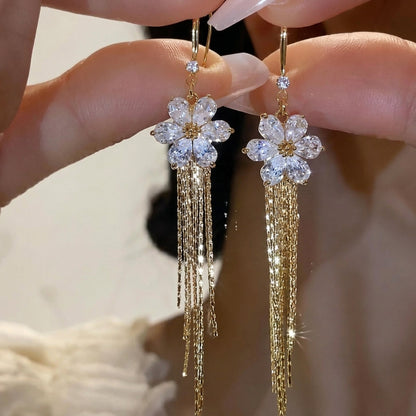 14k Crystal Floral Tassel Earrings