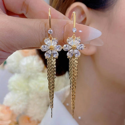 14k Crystal Floral Tassel Earrings