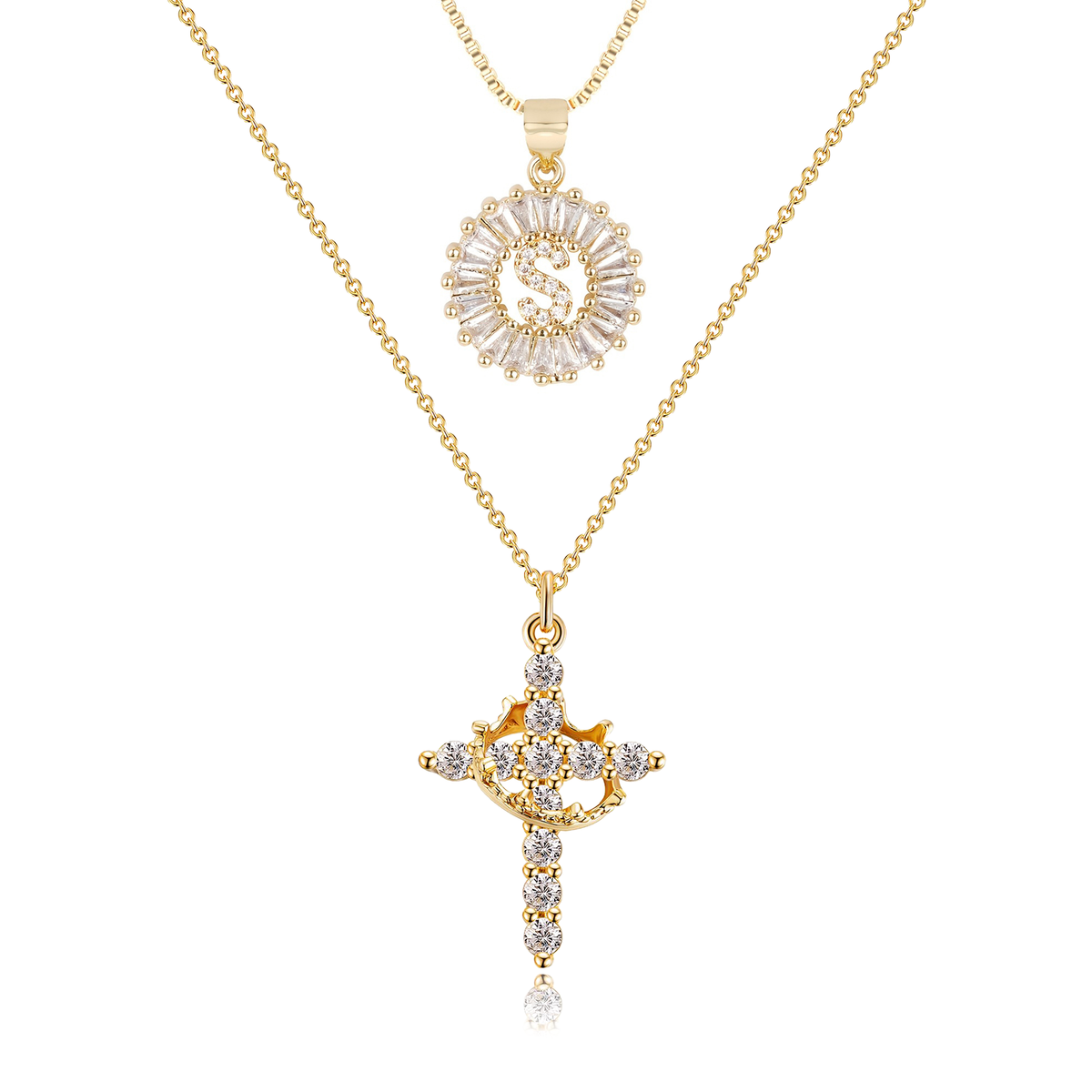 2pc 14k Diamond Cross Crown & Initial Necklace Set