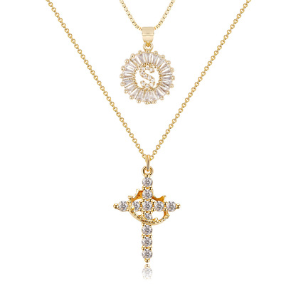 2pc 14k Diamond Cross Crown & Initial Necklace Set