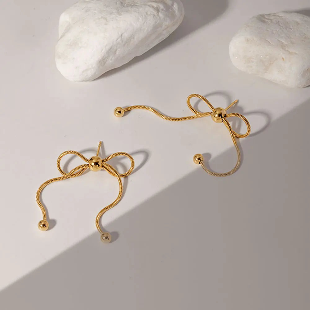 18k Dainty Feminine Chain Bow Earrings