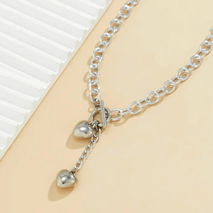 Bold Chunky Chain Link Dual Heart Lariat Necklace & Bracelet