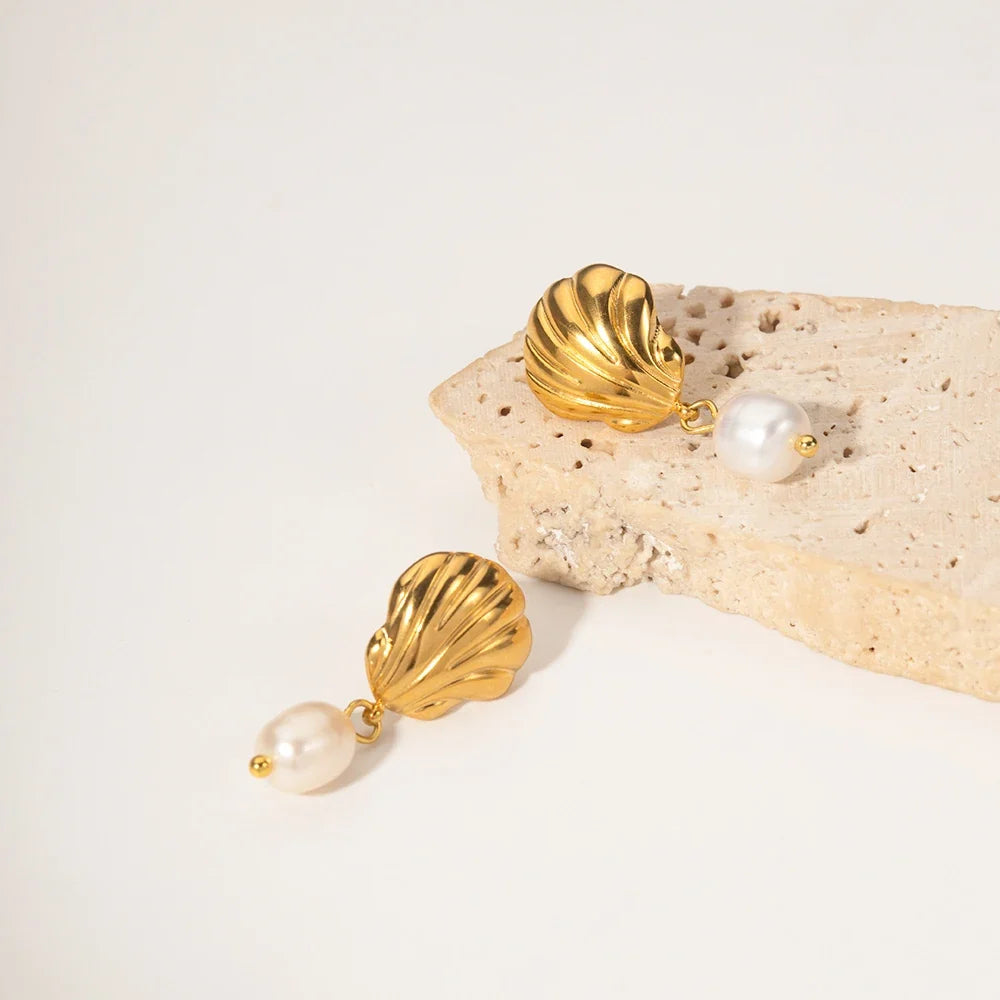 Dainty Sea Shell Pearl Earrings