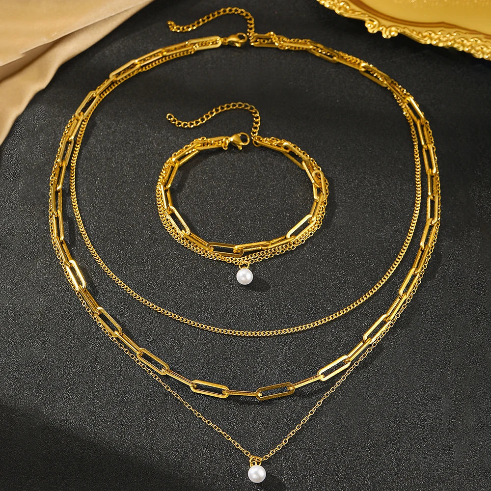 Paperclip & Curb Chain Dainty Pearl Bracelet and Necklace Stack Set