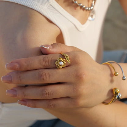 Adjustable Pearl Camellia Flower Ring