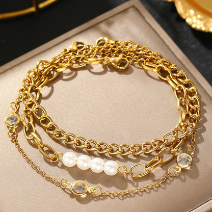 Elegant Pearl Crystal Chain Bracelet Stack
