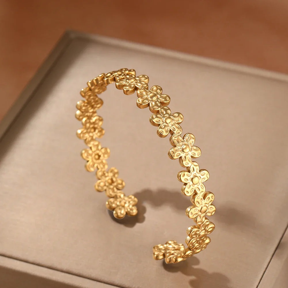 Textured Floral Bangle Cuff Bracelet