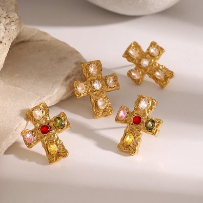 18k Textured Oval Diamond Cross Earrings