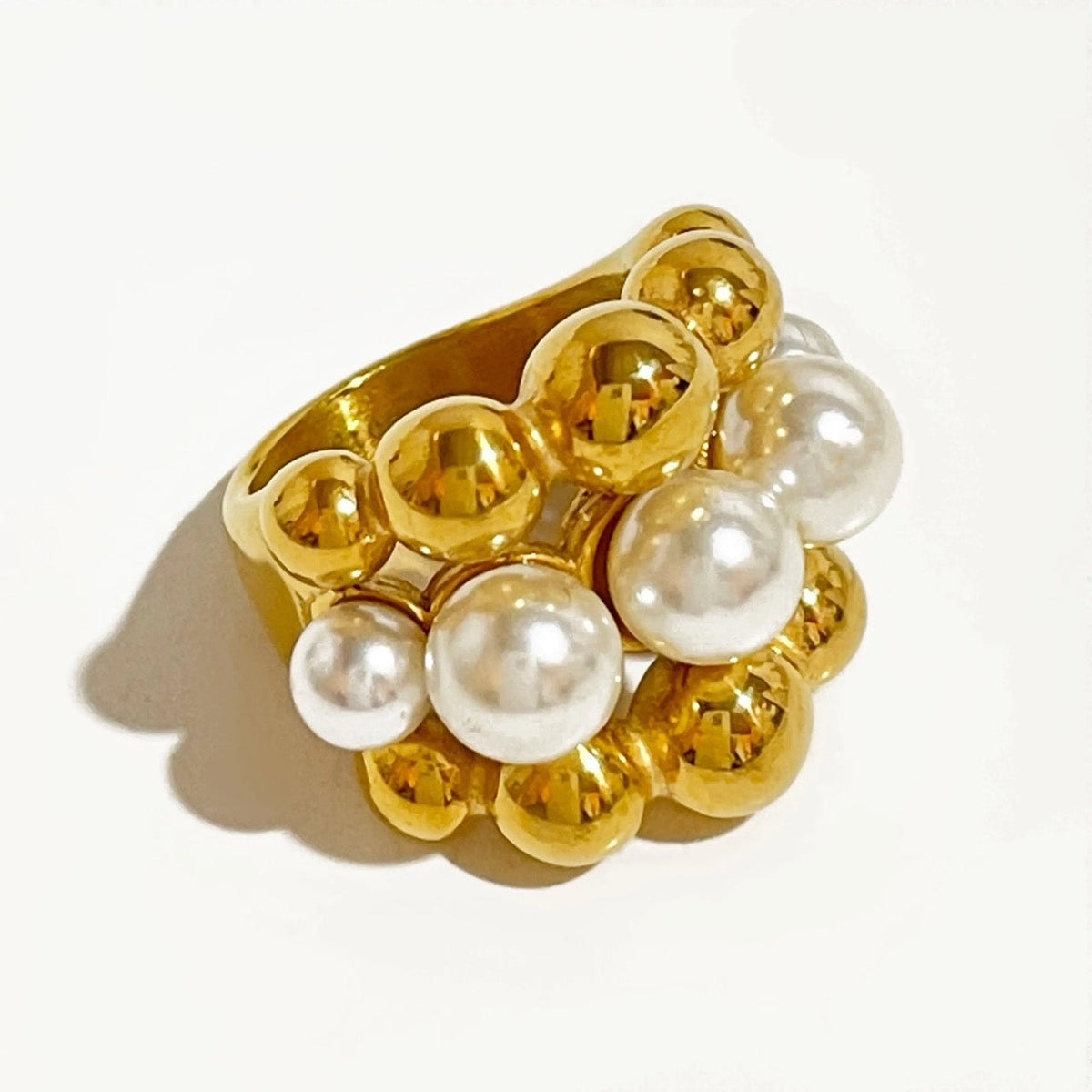 18k Chunky Gold Accented Pearl Bead Ring