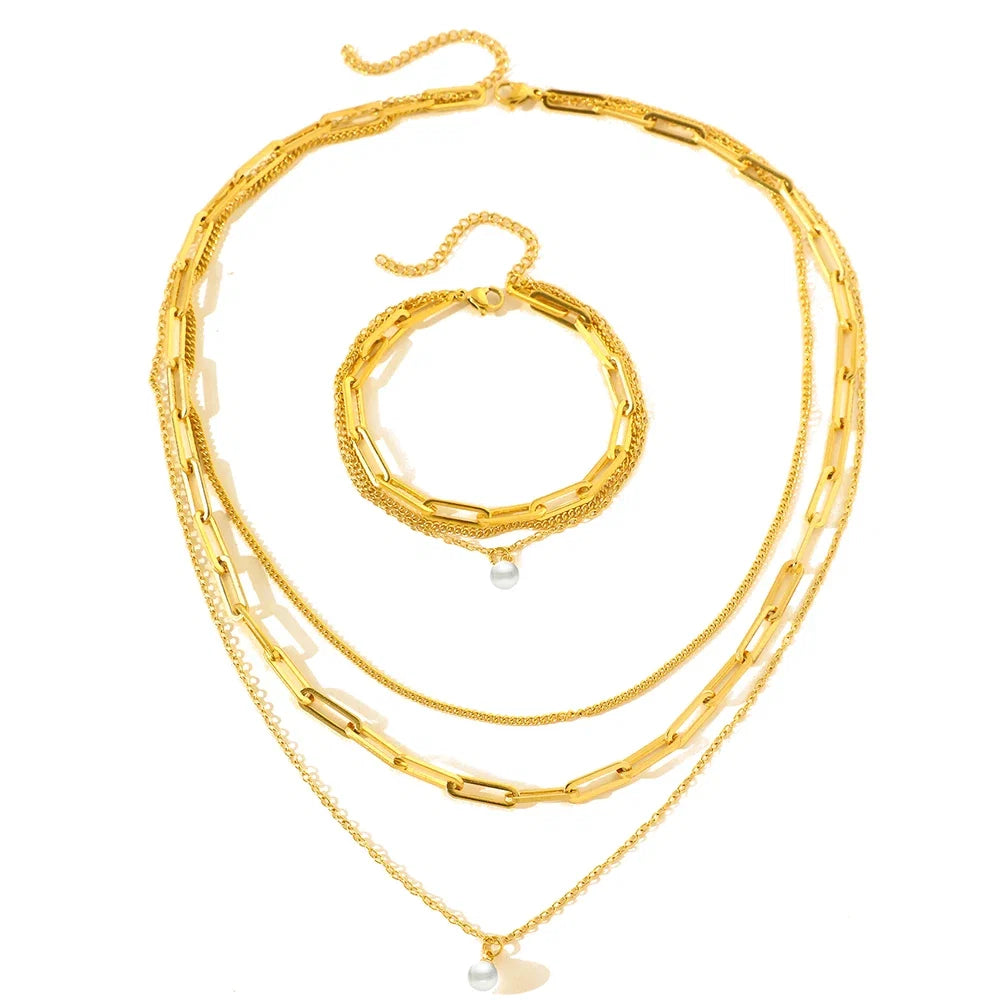 Paperclip & Curb Chain Dainty Pearl Bracelet and Necklace Stack Set
