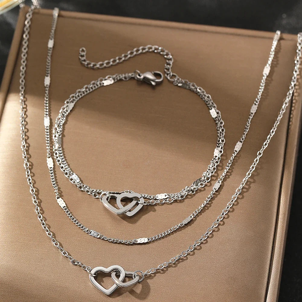 Dainty Curb & Chain Link Dual Heart Necklace and Bracelet Set
