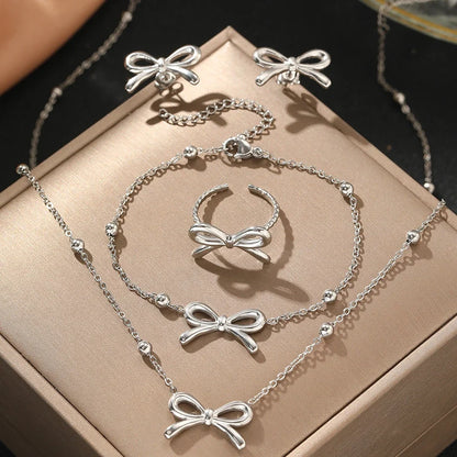 Feminine Bow Satellite Chain Necklace, Bracelet, Earrings, and Ring Set