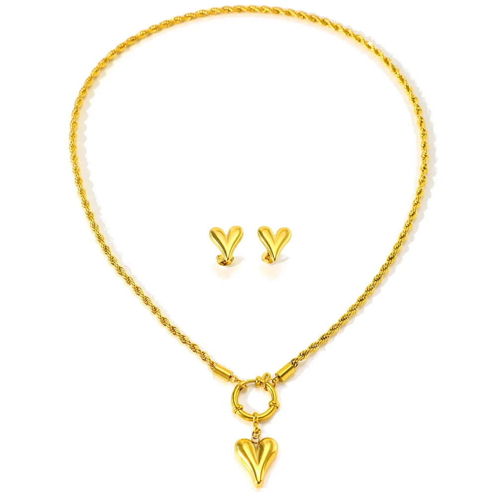 Rope Chain Anchor Clasp Heart Necklace and Earring Set