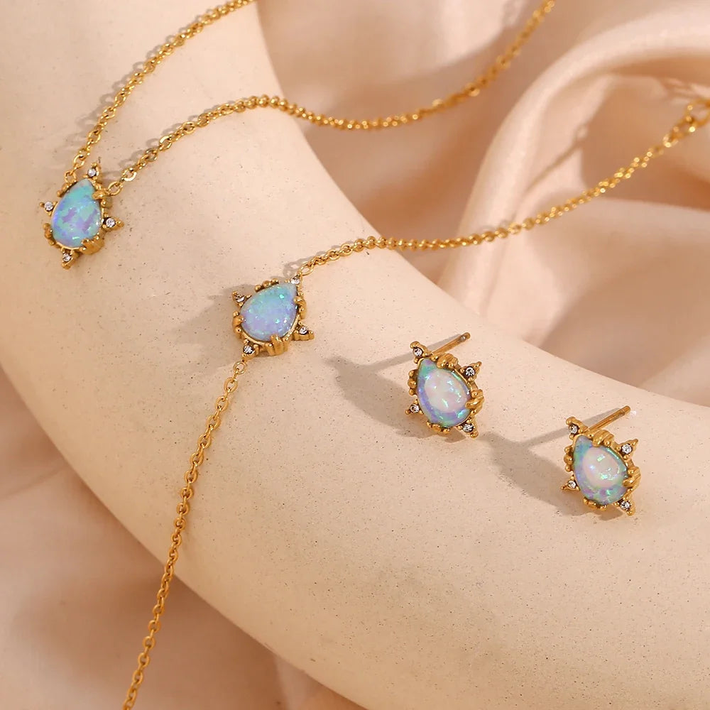 Dainty Iridescent Opal Necklace, Bracelet, Earrings