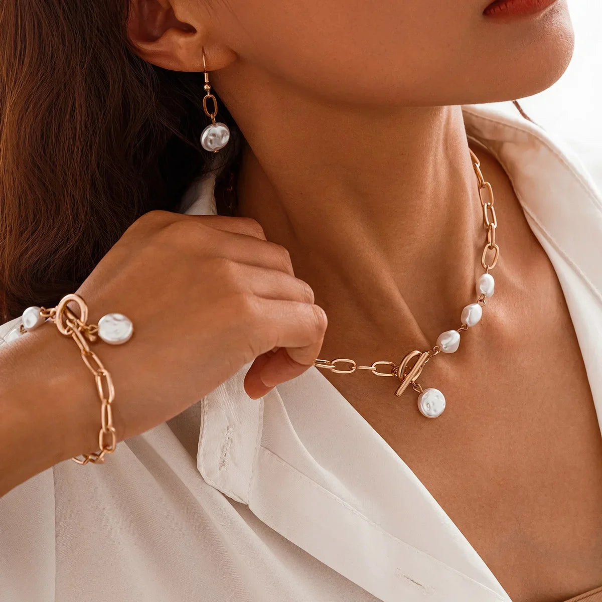 Classy Paperclip Pearl Necklace, Bracelet, and Earrings Set