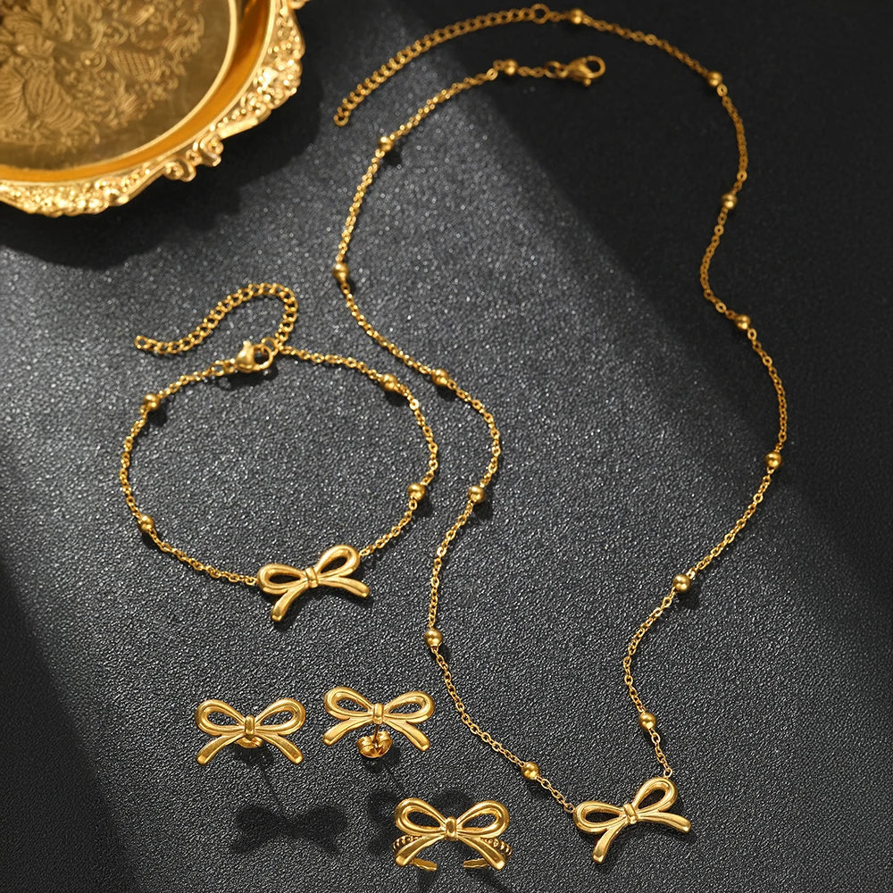 Feminine Bow Satellite Chain Necklace, Bracelet, Earrings, and Ring Set