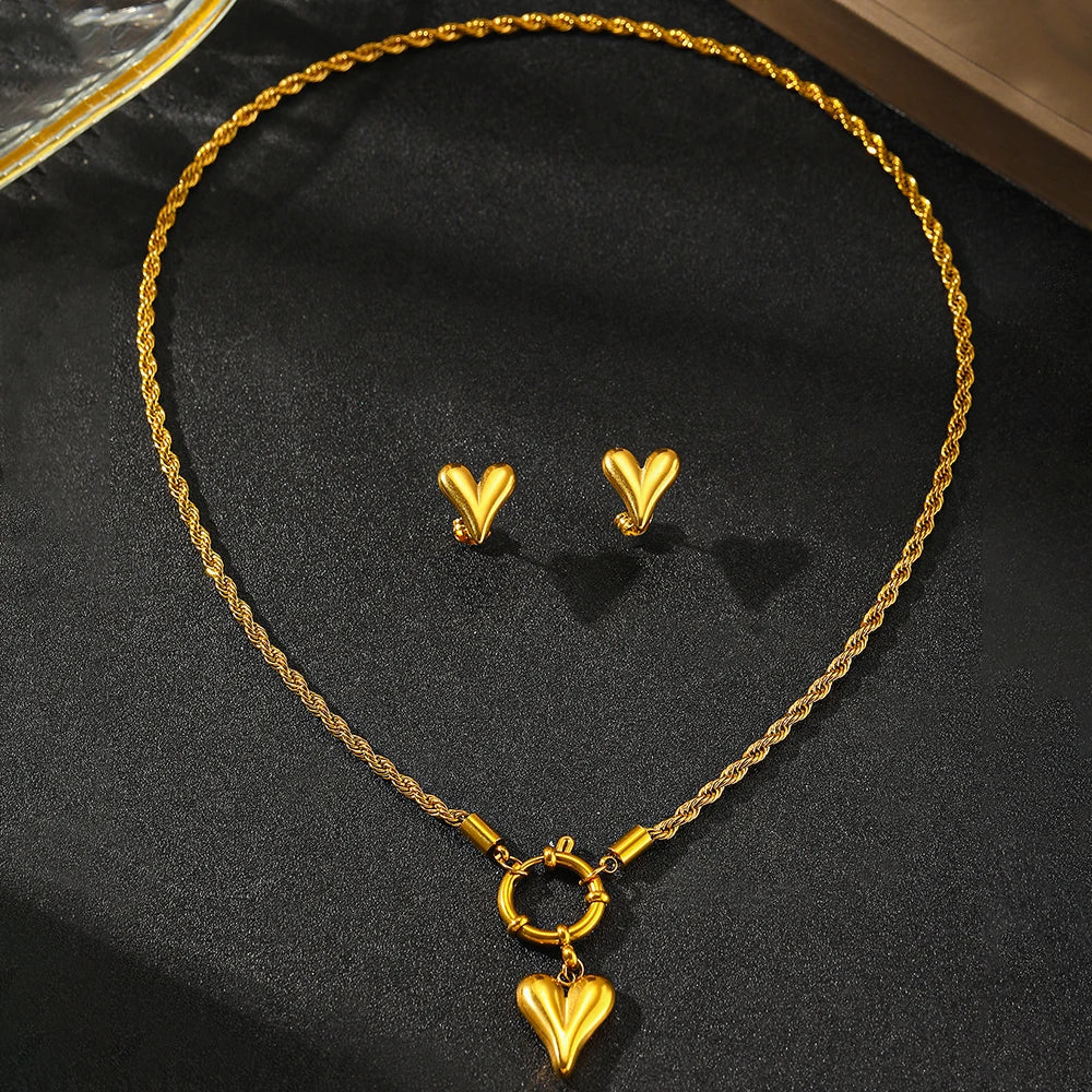 Rope Chain Anchor Clasp Heart Necklace and Earring Set