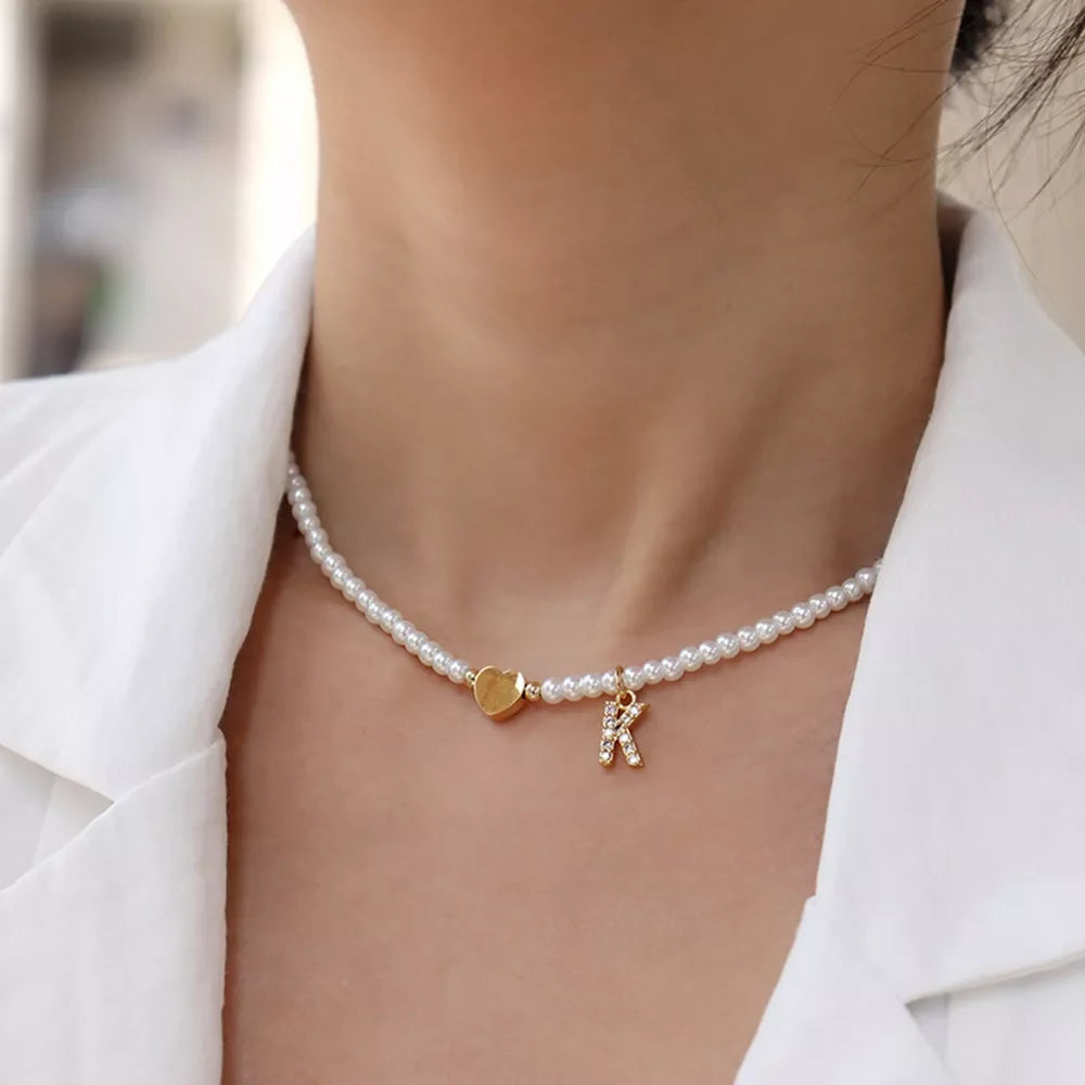 Dainty Beaded Heart Initial Necklace