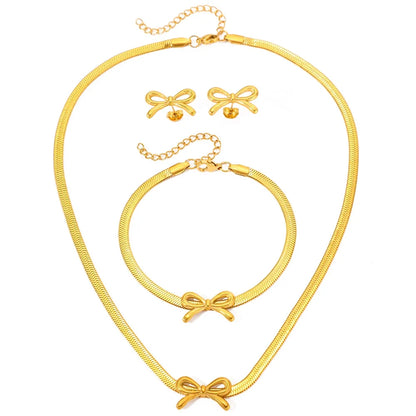 Feminine Bow Herringbone Chain Necklace, Bracelet, and Earring Set