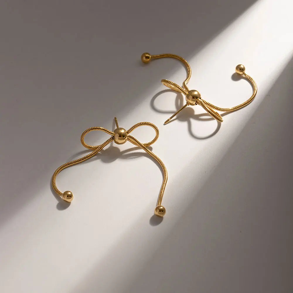 18k Dainty Feminine Chain Bow Earrings