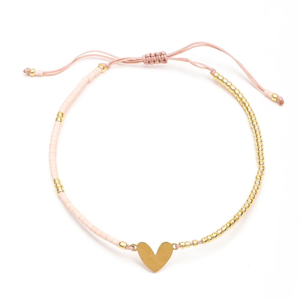 Adjustable Dainty Beaded Flat Heart Bracelet
