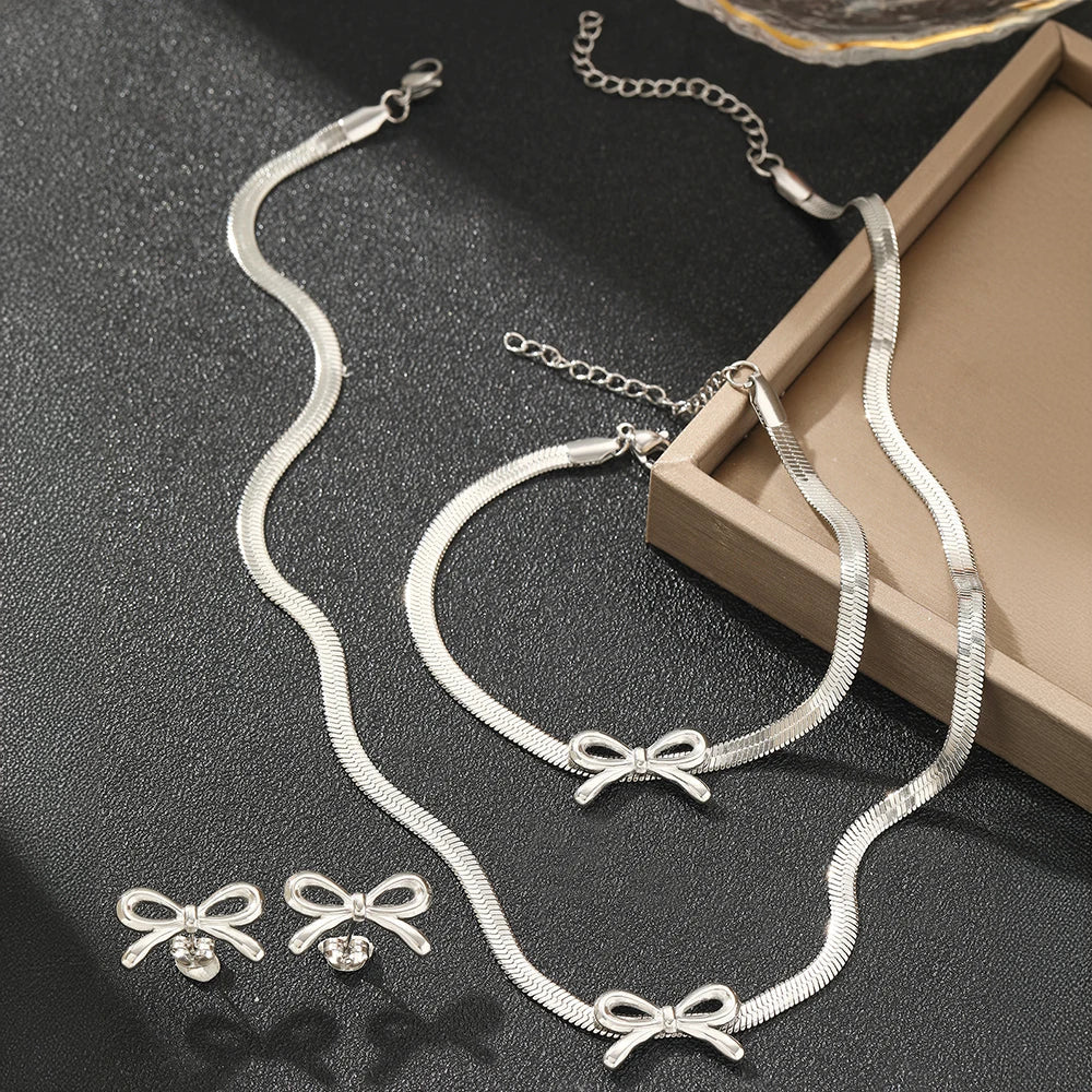 Feminine Bow Herringbone Chain Necklace, Bracelet, and Earring Set