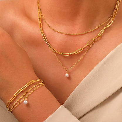 Paperclip & Curb Chain Dainty Pearl Bracelet and Necklace Stack Set