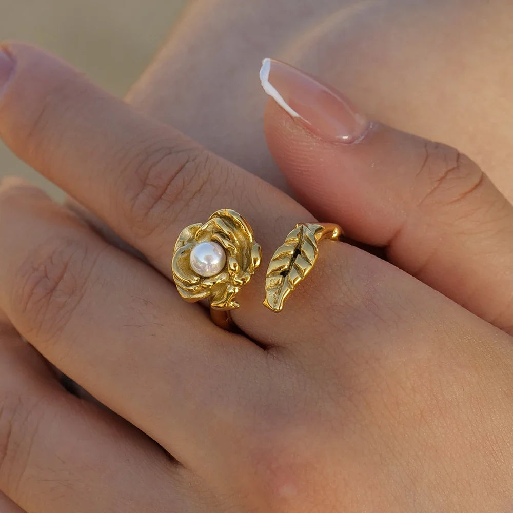 Adjustable Pearl Camellia Flower Ring