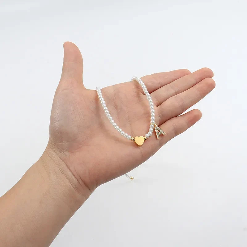 Dainty Beaded Heart Initial Necklace