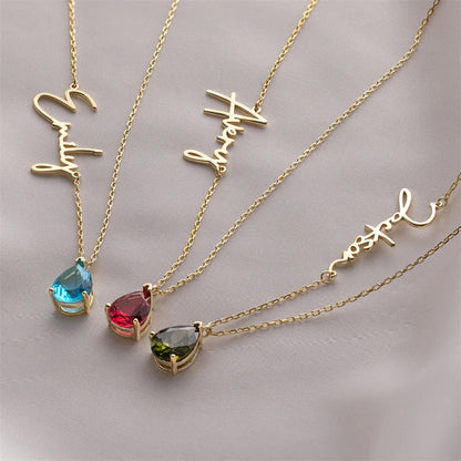 Dainty Name & Teardrop Birthstone Necklace